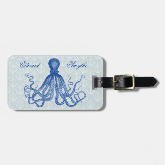  Blauw Octopus met Anchors Gepersonaliseerd Bagagelabel (Voorkant horizontaal)