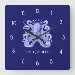 Blauw Octopus Nautical Coastal Beach House Name Vierkante Klok