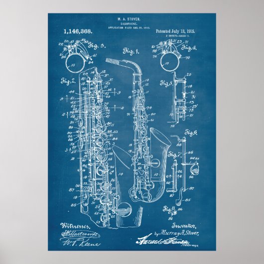 Blauw | Octrooi op saxofoon Poster (Voorkant)
