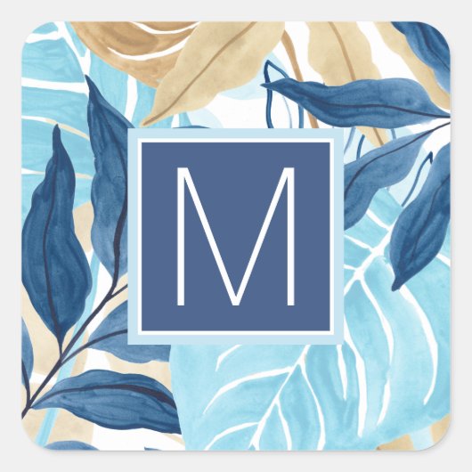 Blauw Oerwoud bladeren Vierkante Sticker (Voorkant)