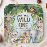 Blauw Oerwoud wild een Safari thema Papieren Bordje<br><div class="desc">Vier de eerste reis van je kleintje rond de zon met onze "Wild One Safari Animals Oerwoud Boy 1st Birthday Paper Borden", ideaal voor het toevoegen van een vleugje avontuur aan het verjaardagsbad van je zoon. Elk bord is prachtig ontworpen met een charmant ensemble van waterverf safaridieren, waaronder een giraffe,...</div>