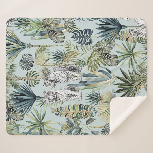 Blauw Oerwoud Witte Tijgers Sherpa Deken (Voorkant (horizontaal))