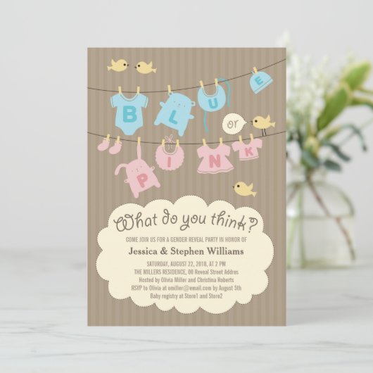 Blauw of roze Baby Geslacht Openen Partij uitnodig Kaart (Staand voorkant)