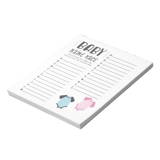 Blauw of Roze Baby shower Naam Race Game Notitieblok (Linkerzijde)