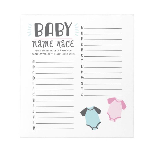 Blauw of Roze Baby shower Naam Race Game Notitieblok (Voorkant)