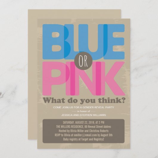 Blauw of roze Baby Uitnodiging van een partij open (Voorkant / Achterkant)