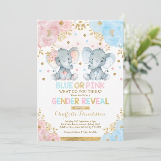 Blauw of roze Elephant Gender onthullen Baby showe Kaart (Staand voorkant)
