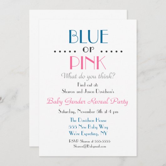 Blauw of roze Genderonderzoek Uitnodiging (Voorkant / Achterkant)