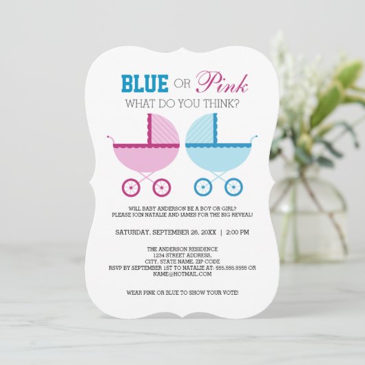 Blauw of Roze Geslacht Onthullen Party Uitnodigen Kaart (Staand voorkant)
