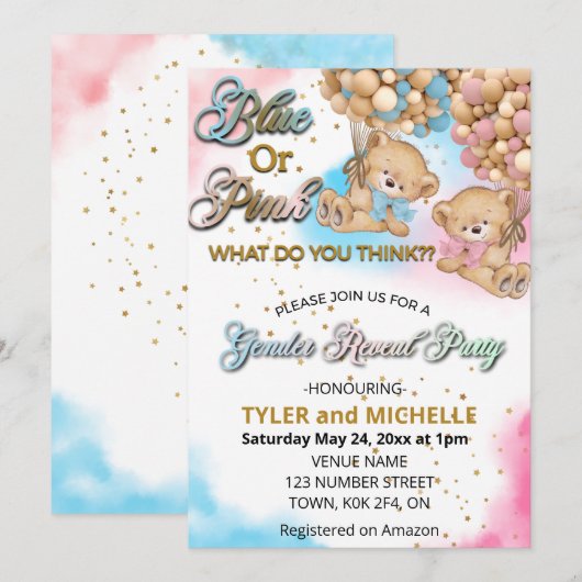 Blauw of Roze Geslacht onthullen Teddybeer uitnodi Kaart (Voorkant / Achterkant)