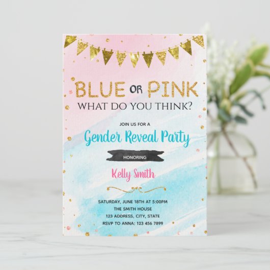 Blauw of roze geslacht onthullen uitnodiging (Staand voorkant)