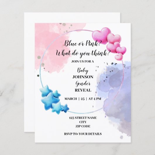 Blauw of roze geslacht onthullen uitnodiging (Voorkant / Achterkant)