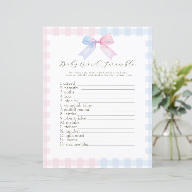 Blauw of Roze Gingham Bow baby shower spel (Staand voorkant)