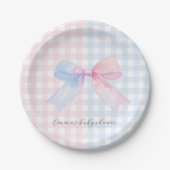 Blauw of roze Gingham Bow Gender Reveal Baby showe Papieren Bordje (Voorkant)