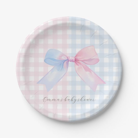 Blauw of roze Gingham Bow Gender Reveal Baby showe Papieren Bordje (Voorkant)