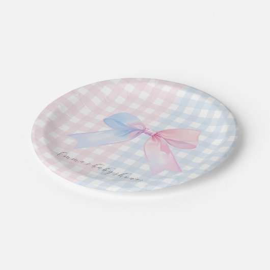 Blauw of roze Gingham Bow Gender Reveal Baby showe Papieren Bordje (Gekanteld)
