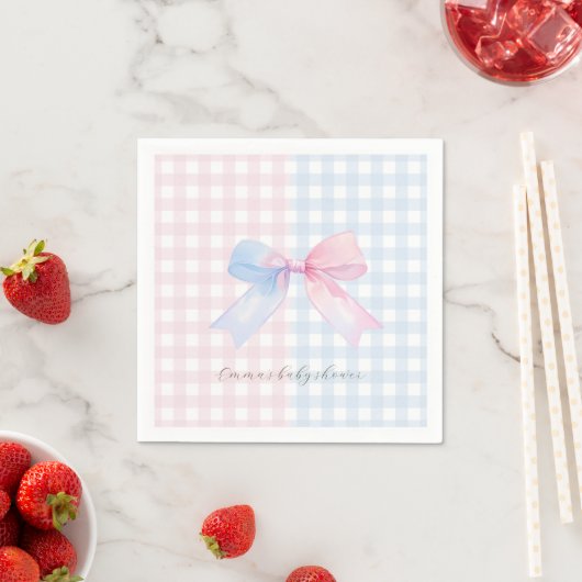 Blauw of roze Gingham Bow Gender Reveal Baby showe Servet (Insitu)