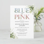 Blauw of roze groen brief gender reveal party kaart (Staand voorkant)