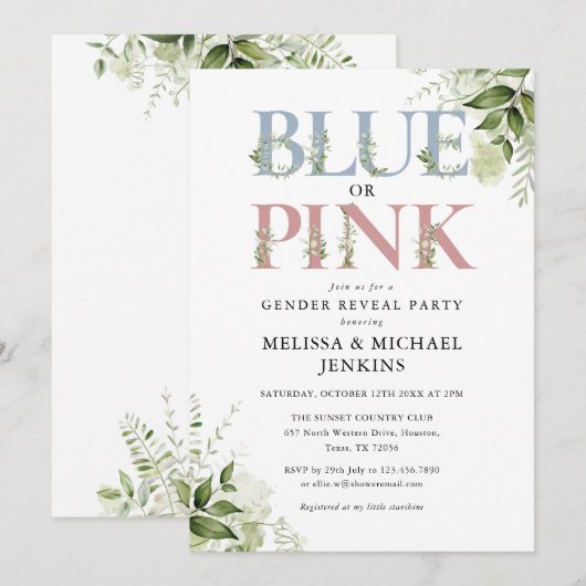 Blauw of roze groen brief gender reveal party kaart (Voorkant / Achterkant)