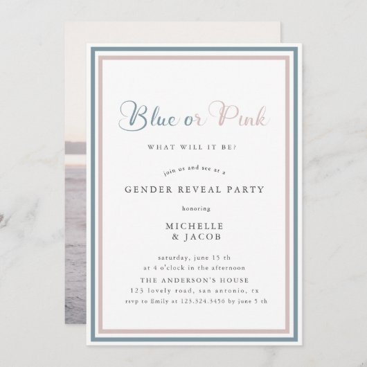 Blauw of roze moderne Gender Reveal Invitation Kaart (Voorkant / Achterkant)