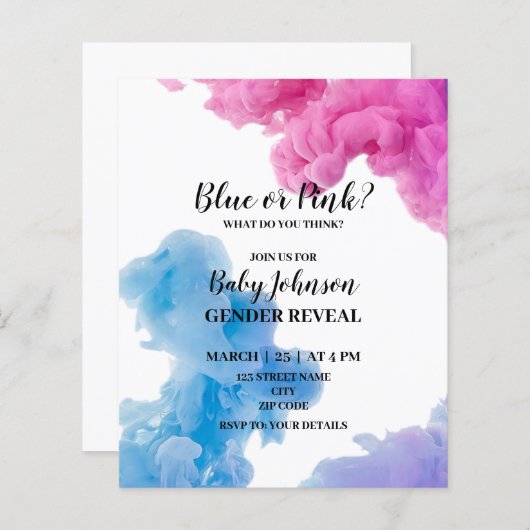 Blauw- of roze-rookgeslacht onthullen uitnodiging (Voorkant / Achterkant)