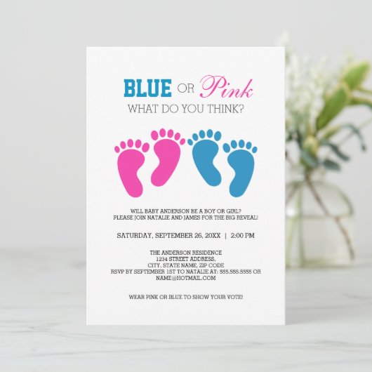 Blauw of Roze Schattige Voet Prints Gender Reveal Kaart (Staand voorkant)