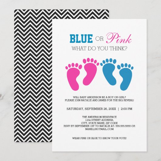 Blauw of Roze Schattige Voet Prints Gender Reveal  Kaart (Voorkant / Achterkant)