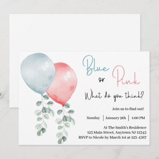 Blauw of Roze Wat Denk Je Geslacht Reveal Kaart (Voorkant / Achterkant)