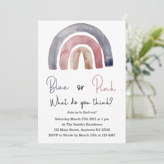 Blauw of roze wat u denkt van regenbooguitnodiging kaart (Staand voorkant)