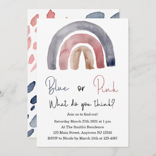 Blauw of roze wat u denkt van regenbooguitnodiging kaart (Voorkant / Achterkant)