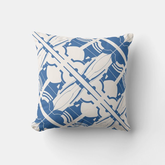 Blauw off-white schuin mediterraan mozaïek motief kussen (Voorkant)