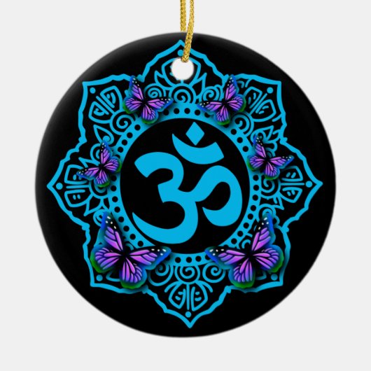 Blauw ohm mandala-ontwerp met paarse vlinders keramisch ornament (Voorkant)