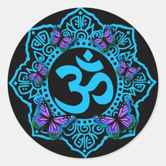 Blauw ohm mandala-ontwerp met paarse vlinders ronde sticker (Voorkant)