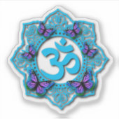 Blauw ohm mandala-ontwerp met paarse vlinders sticker (Voorkant)
