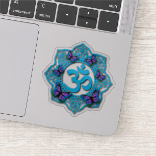 Blauw ohm mandala-ontwerp met paarse vlinders sticker