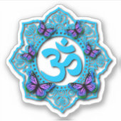 Blauw ohm mandala-ontwerp met paarse vlinders sticker (Voorkant)