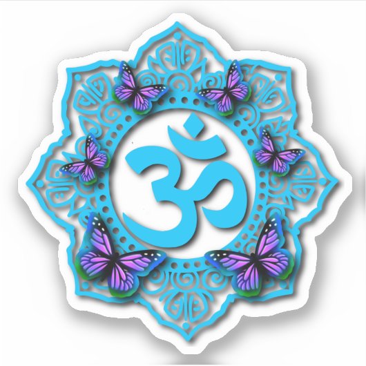 Blauw ohm mandala-ontwerp met paarse vlinders sticker (Voorkant)
