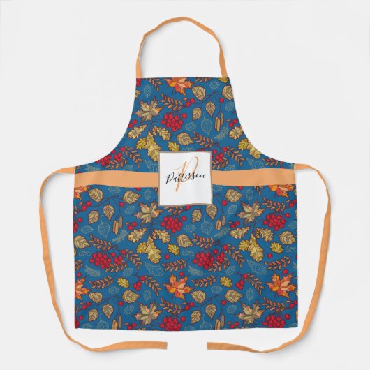 Blauw olievlek met familienaam schort (Voorkant)