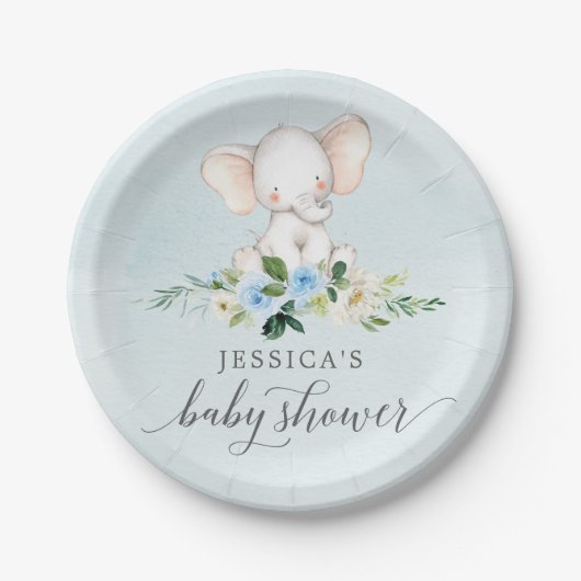 Blauw olifant Baby shower Bord (Voorkant)