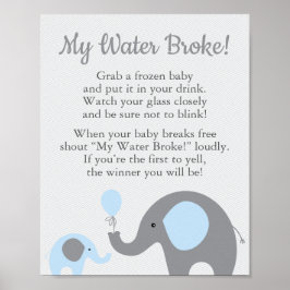 Blauw olifant Baby shower Mijn bord met waterbroke Poster