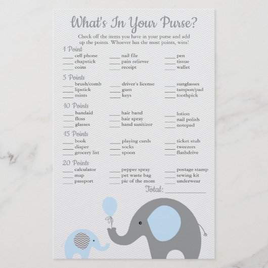 Blauw olifant Baby shower Wat zit er in je tas Flyer (Voorkant)