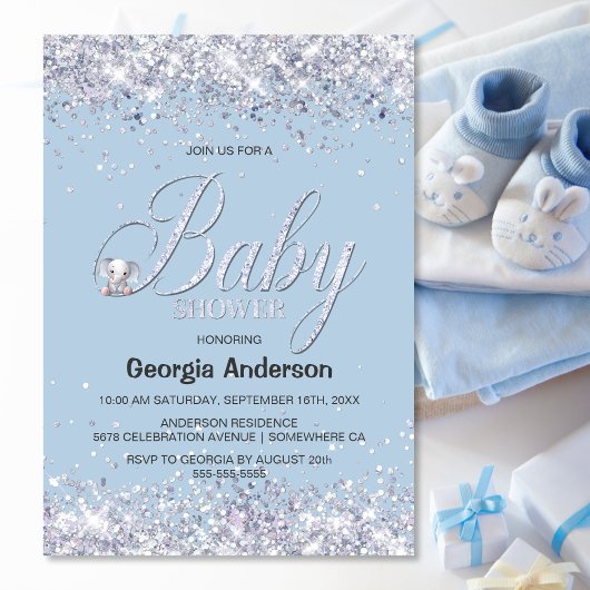 Blauw olifant Glitter Baby shower Kaart