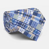Blauw, Olijf, Tan & Wit Madras Plaid Stropdas (Opgerold)