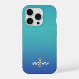 Blauw Ombre Monogram Modern Lettertype iPhone 15 Pro Case