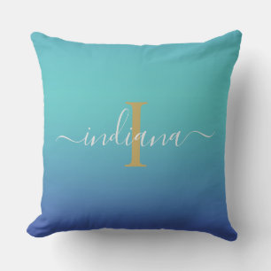 Blauw Ombre Script Naam Monogram Buitenkussen