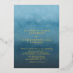 Blauw Ombre Watercolor Minimalistische Trouw Goud Folie Uitnodiging