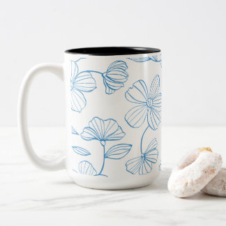 Blauw Omlijnd Modern Bloem Motief Tweekleurige Koffiemok