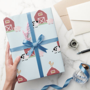 Blauw omlooppapier voor boerderijdieren en barnens cadeaupapier