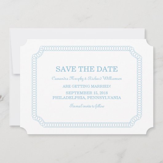Blauw omringde Ticket Save the Date Uitnodiging (Voorkant)