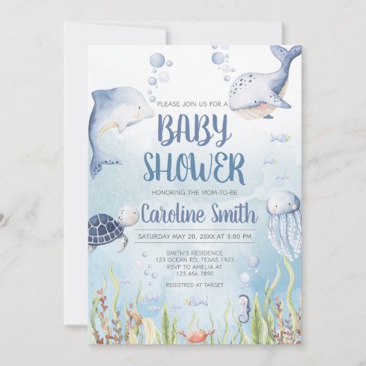 Blauw onder de zee baby shower kaart (Voorkant)